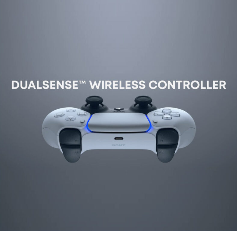 PlayStation 5 DualSense wireless controller shown from the front, featuring ergonomic grips in white, black analog sticks and buttons, a central rectangular touchpad, adaptive trigger shapes on the bottom, and a soft blue lighting effect, all set on a simple grey backdrop.