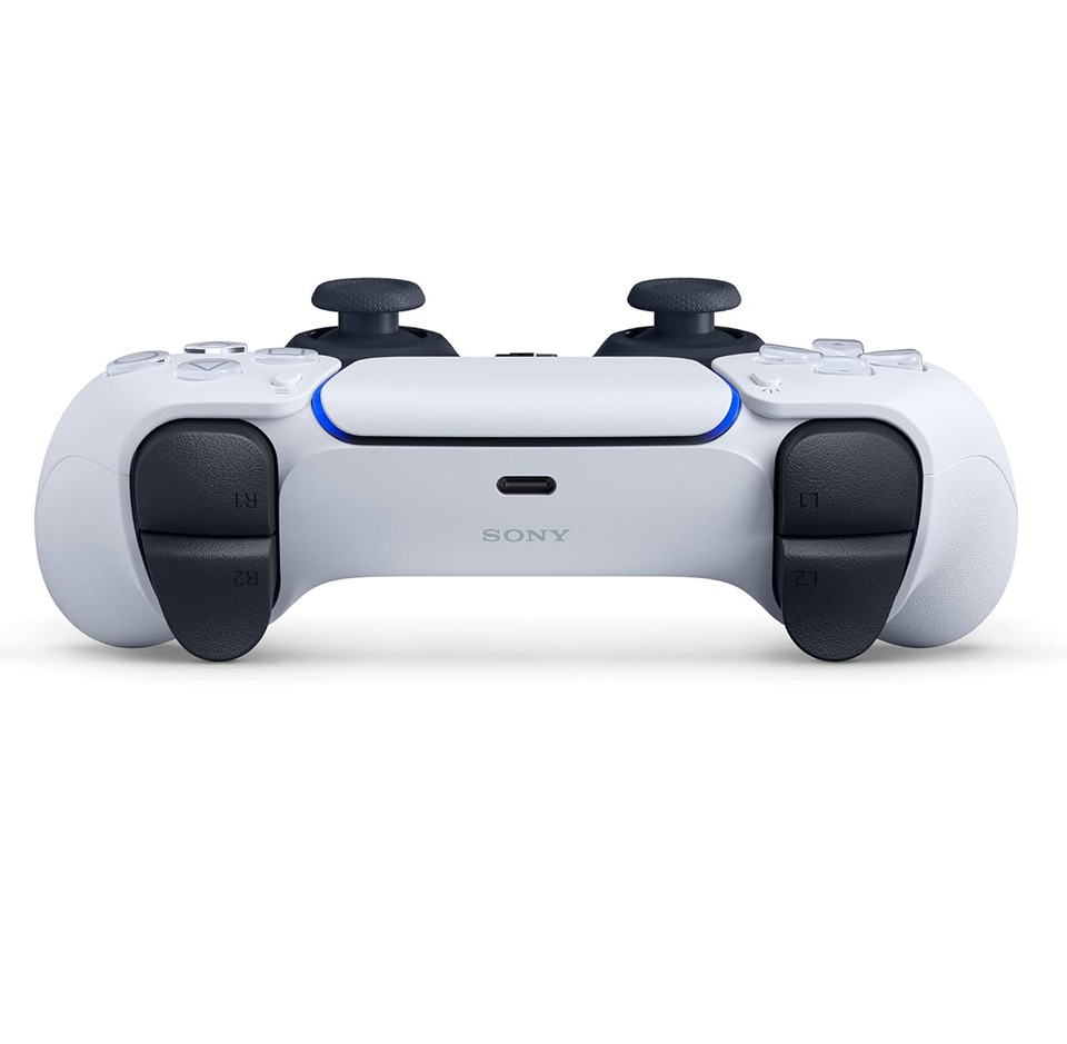 A white PlayStation 5 DualSense wireless controller shown from the top/back angle against a plain white background. The image highlights the black adaptive trigger buttons (L1/L2 on the left, R1/R2 on the right) and the symmetrical black analog sticks protruding from the controller’s body. The central touchpad and a small USB‑C port are visible, with the two‑tone white and black design typical of the PS5 DualSense controller.