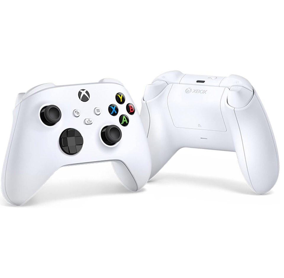 Front and back view of a white Xbox Wireless Controller in the Robot White colourway, showing the standard button layout with coloured A,B,X,Y buttons, textured hybrid D-pad, thumbsticks, and ergonomic grips on a plain white background.