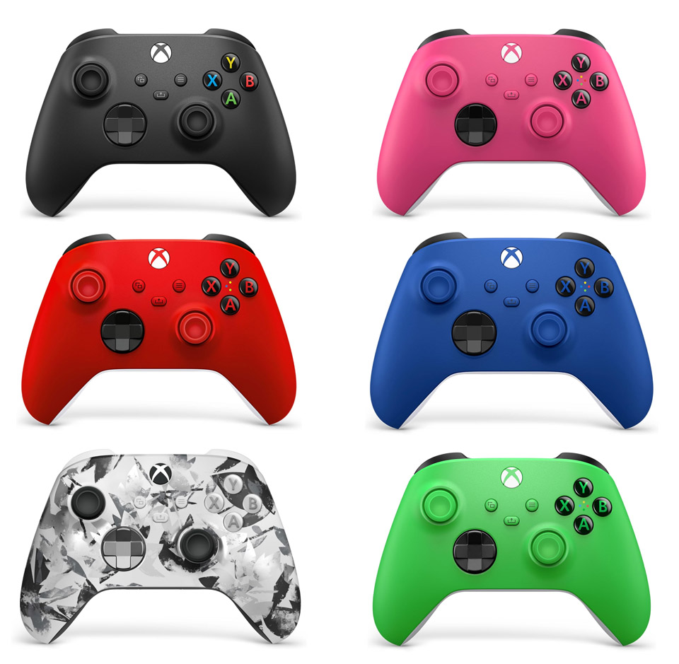 A grid of six Xbox wireless controllers in different colours and designs: a black controller, a bright pink controller, a red controller, a blue controller, a white and grey camo-patterned controller, and a green controller, all shown from the front with buttons and thumbsticks visible.
