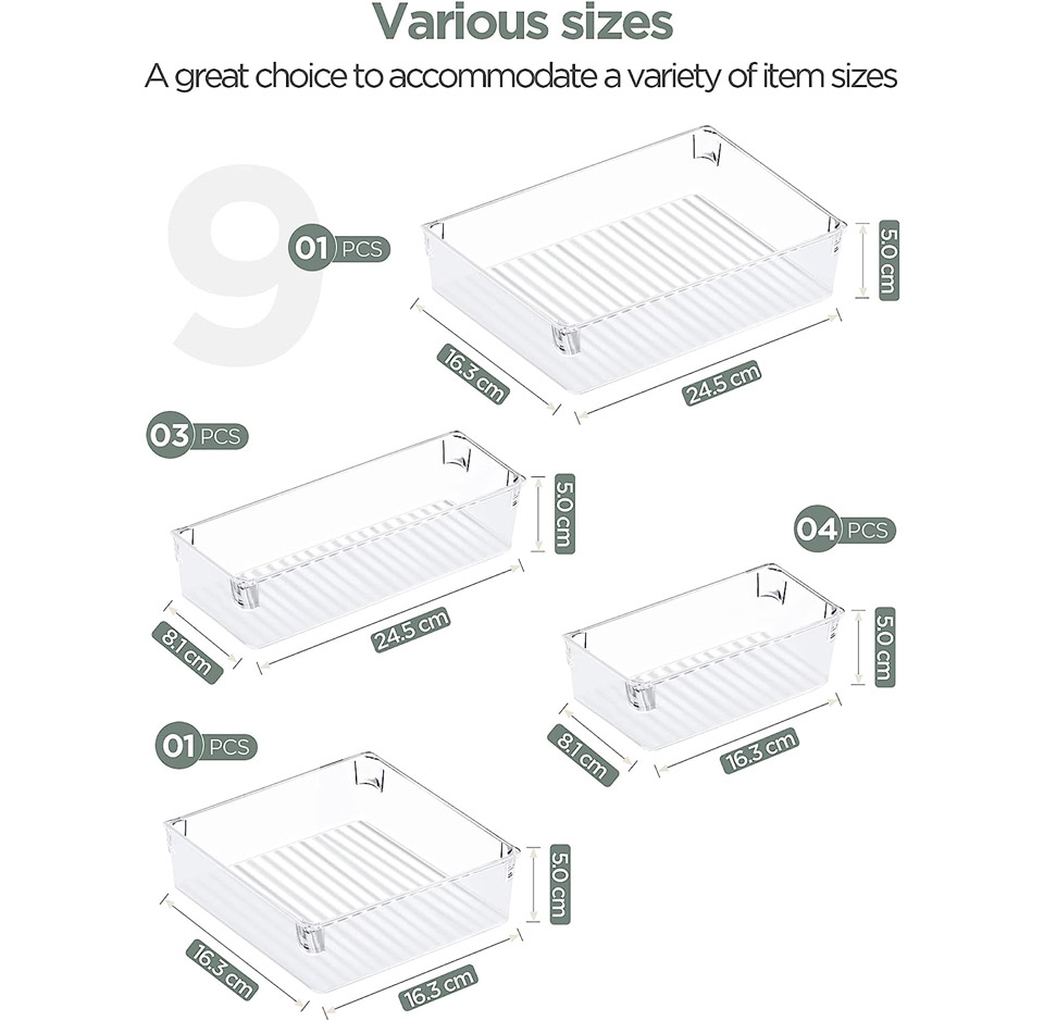 InnoGear 9 Pcs Drawer Organisers - Drawer Dividers - Clear Plastic Storage Boxes
