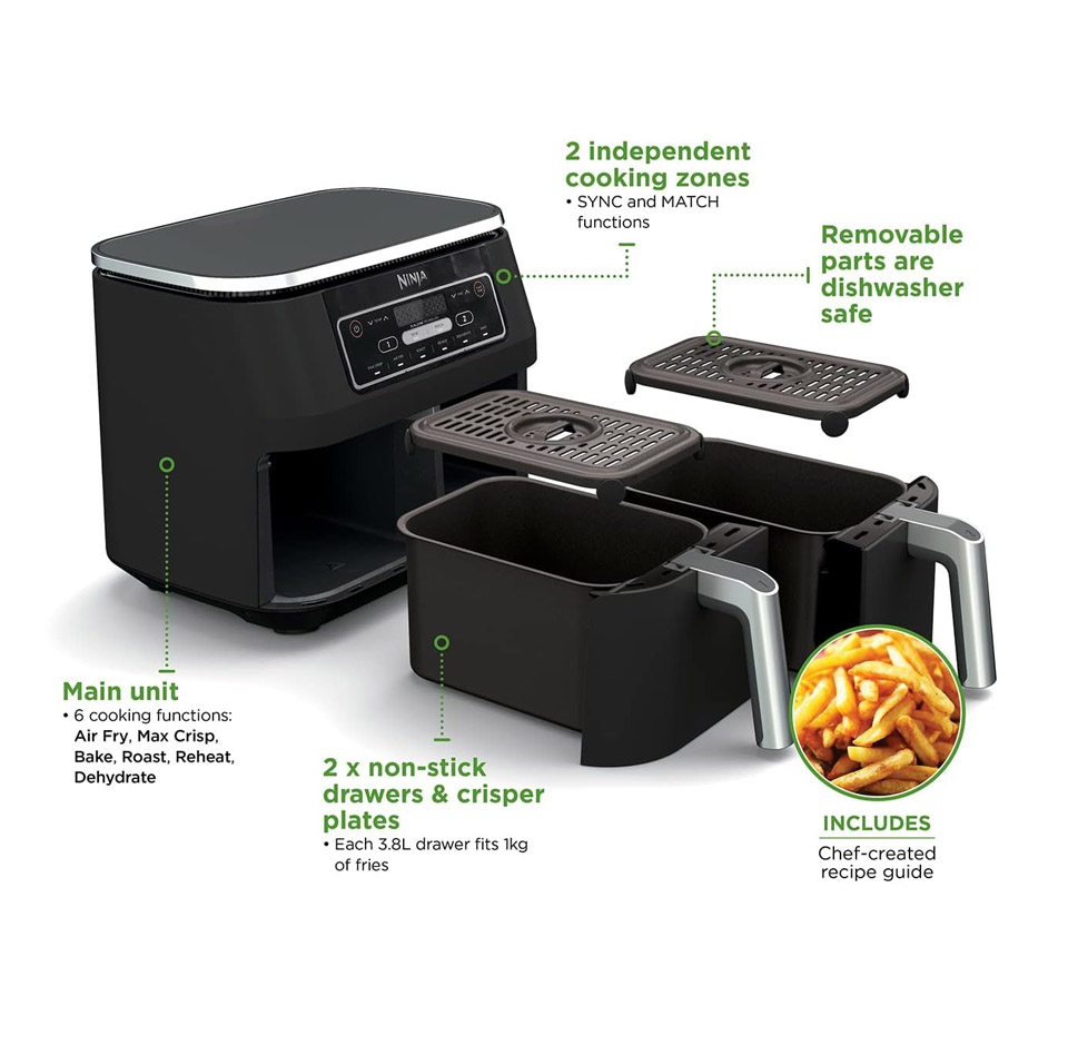 Black countertop air fryer with two rectangular non‑stick cooking drawers and crisping plates pulled out beside the main unit showing removable parts, labelled text pointing to dual independent cooking zones and dishwasher‑safe components.
