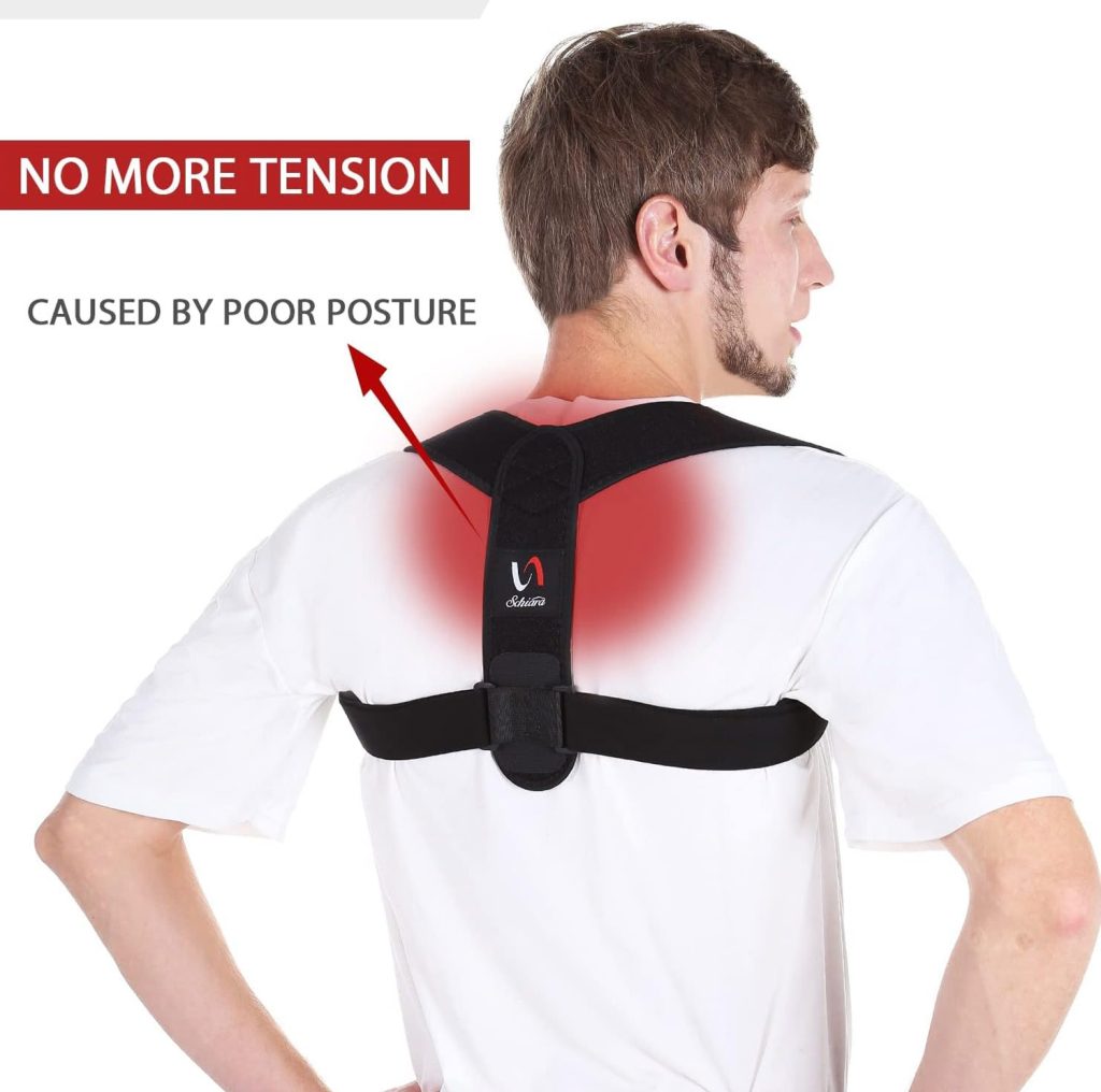 Rear view of a person wearing a black Schiara posture corrector brace over a white shirt, with adjustable straps across the upper back and shoulders designed to improve posture and reduce tension caused by slouching.