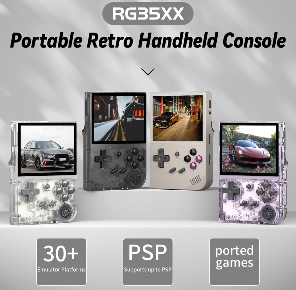 Photo showing four RG35XX portable retro handheld gaming consoles in different colours (clear, dark grey, beige, and transparent purple), each with a rectangular screen and classic gaming controls (D‑pad and buttons), displayed standing upright with sample game images on their screens and the label ‘RG35XX Portable Retro Handheld Console’ above.