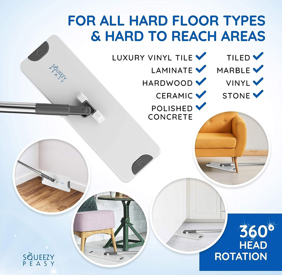 SqueezyPeasy compact and lightweight flat mop head with a long handle shown cleaning a hard floor. The rectangular mop pad is white with grey accents, and the image highlights the 360-degree rotating head reaching under furniture and into corners, suitable for multiple hard floor types.