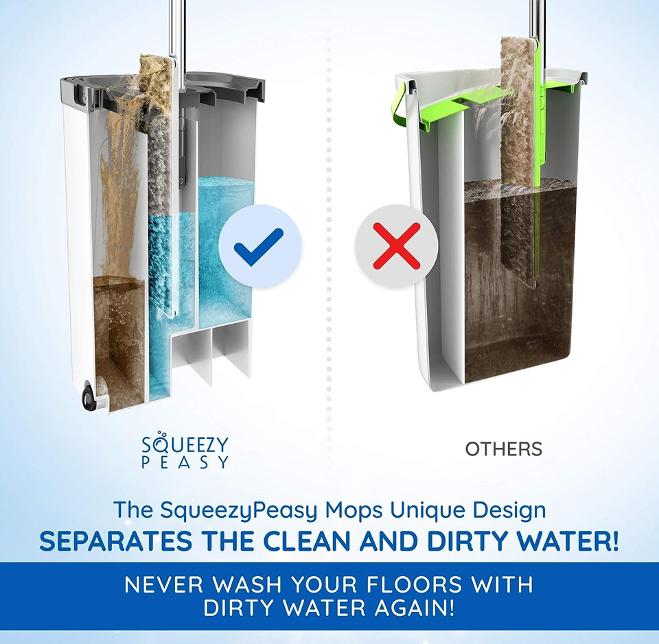 Graphic showing the SqueezyPeasy premium compact lightweight cleaning system’s three-chamber mop bucket with separate clean and dirty water compartments on the left, contrasted with a conventional bucket on the right.