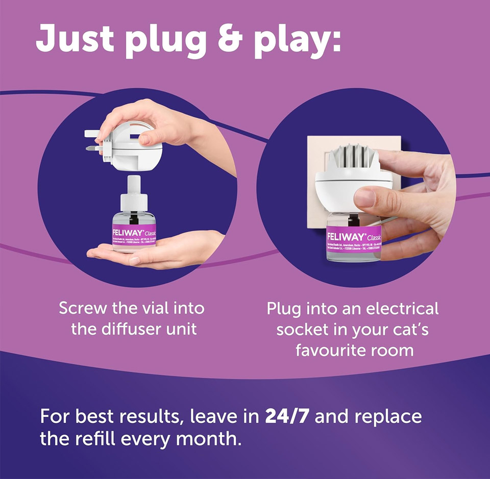 Instructional graphic showing how to set up a Feliway Classic diffuser. On the left, a hand screws the vial into the diffuser unit; on the right, the assembled diffuser is plugged into a wall socket. The background is purple with white and pink text explaining that the product should be left plugged in 24/7 and the refill replaced monthly for best results.