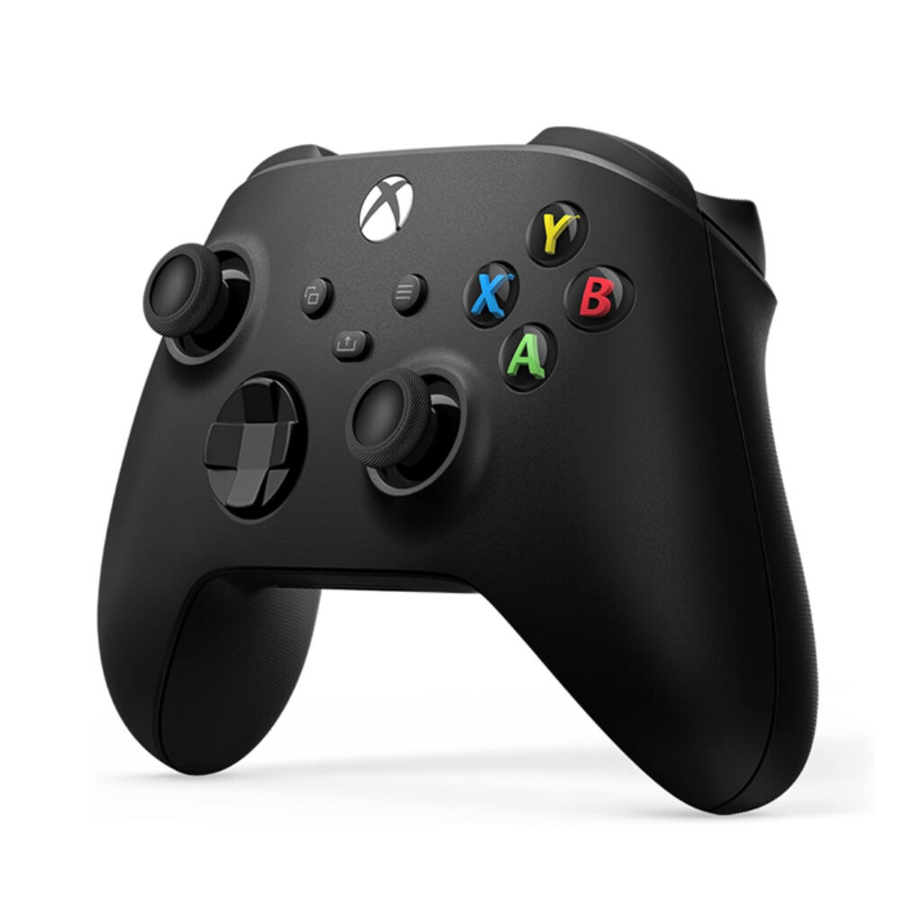 Carbon Black Xbox Wireless Controller showing the front angled view with two textured analogue sticks, a directional pad, and labelled face buttons (A, B, X, Y) arranged in a diamond layout, plus central menu and share buttons and the Xbox logo on top.