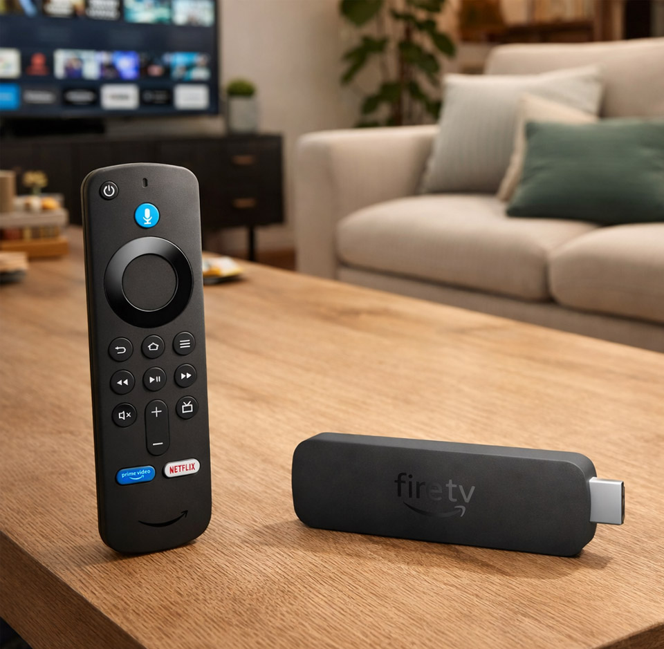 Amazon Fire TV Stick 4K Plus with Fire TV Alexa Voice Remote.