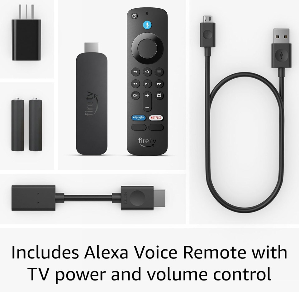 box contents displayed, including the Fire TV Stick device, Alexa Voice Remote with TV power and volume controls, USB power cable, HDMI extender, power adapter, and batteries on a white background.