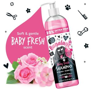 Front view of Bugalugs Baby Fresh Dog Shampoo, a white and pink pump bottle with baby powder fragrance branding and a playful dog graphic on the label.