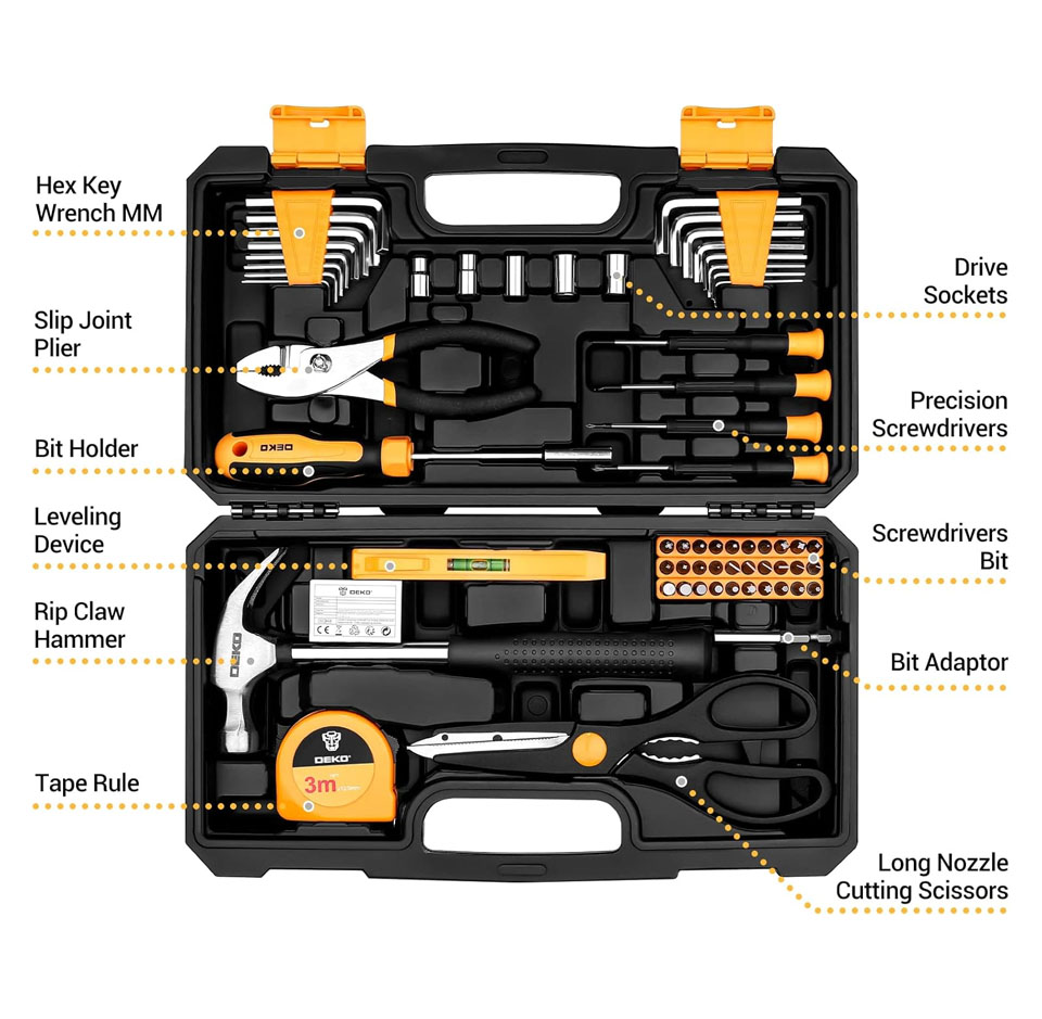 Open portable plastic tool case showing a 62-piece DEKO home repair DIY tool kit with labelled hand tools including hex key wrenches, slip joint plier, bit holder, drive sockets, precision screwdrivers, a small spirit level, rip claw hammer, tape measure, screwdriver bits, bit adaptor, and long-nozzle cutting scissors neatly arranged in fitted compartments.