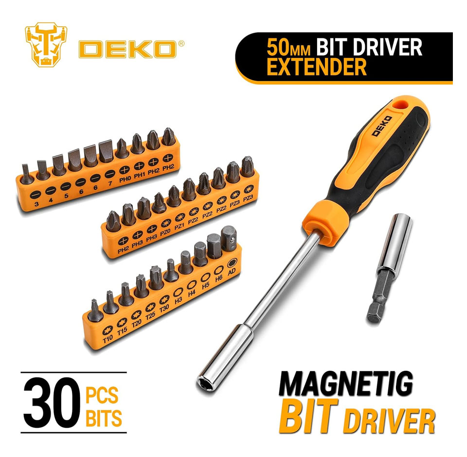 A DEKO magnetic bit driver set featuring a black and orange screwdriver handle, a 50mm bit driver extender, and 30 assorted bits arranged in four orange holders. Each holder is labeled with various bit types and sizes, including slotted, Phillips, Pozidriv, Torx, and hex. The set is neatly organized and designed for versatile screwdriving tasks.