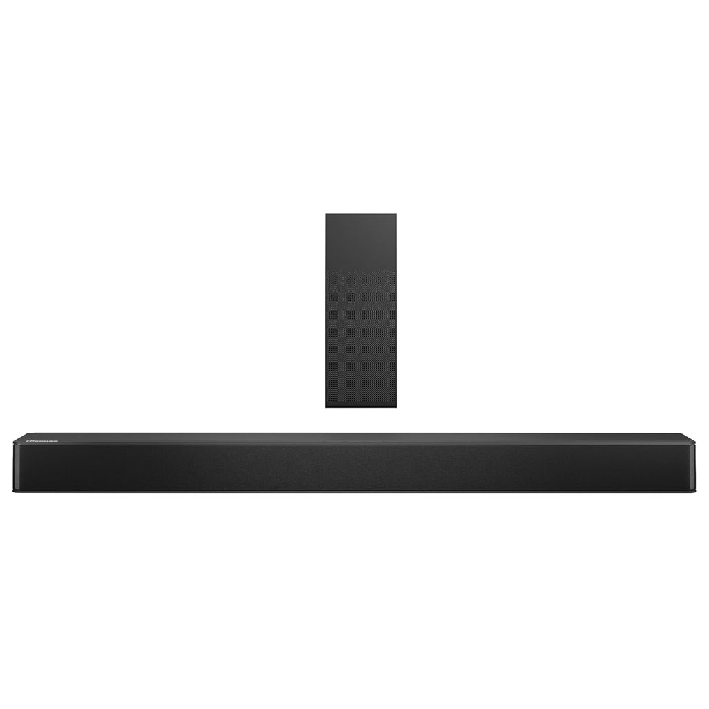 Black soundbar and subwoofer set displayed against a plain background. The soundbar is long and rectangular with a matte black finish and a perforated front grille. Positioned vertically above it, the subwoofer features a smooth black casing with a perforated panel for sound dispersion. The setup showcases a sleek, minimalist design typical of modern home audio equipment.