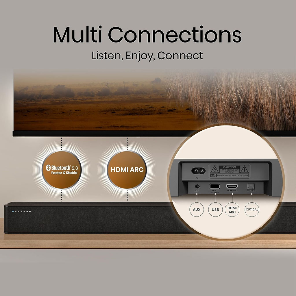 Soundbar setup beneath a wall-mounted TV, highlighting connectivity features. The image includes text reading “Multi Connections – Listen, Enjoy, Connect” and two circular icons for “Bluetooth 5.3 Faster & Stable” and “HDMI ARC.” A magnified inset shows the rear panel of the soundbar with labelled input ports: AUX, USB, HDMI ARC, and Optical. The layout emphasises the soundbar’s versatile connection options for modern audio setups.