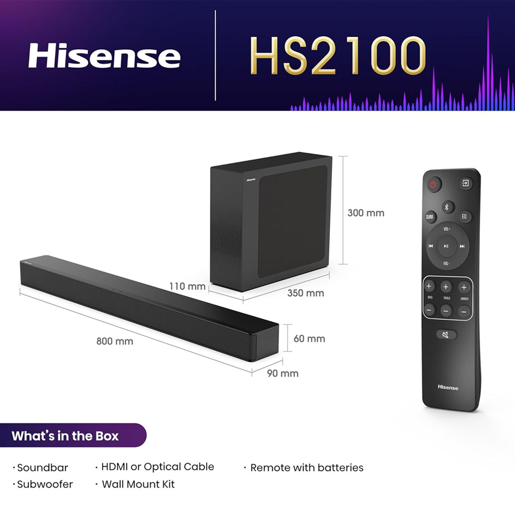 Front-angled product shot of the Hisense HS2100 2.1-channel soundbar system showing a long, slim black soundbar with a fabric-covered front grille and subtle logo, positioned alongside its matching wireless subwoofer which has a taller rectangular housing with textured side panels. In front of the units is a small black remote control with labelled buttons. This home audio setup delivers up to 240 W total power with dual full-range speakers in the bar and a dedicated subwoofer for deep bass, and supports Bluetooth streaming, HDMI ARC, optical, USB and AUX inputs with six preset EQ modes for movie, music, news, sport, game and night listening.