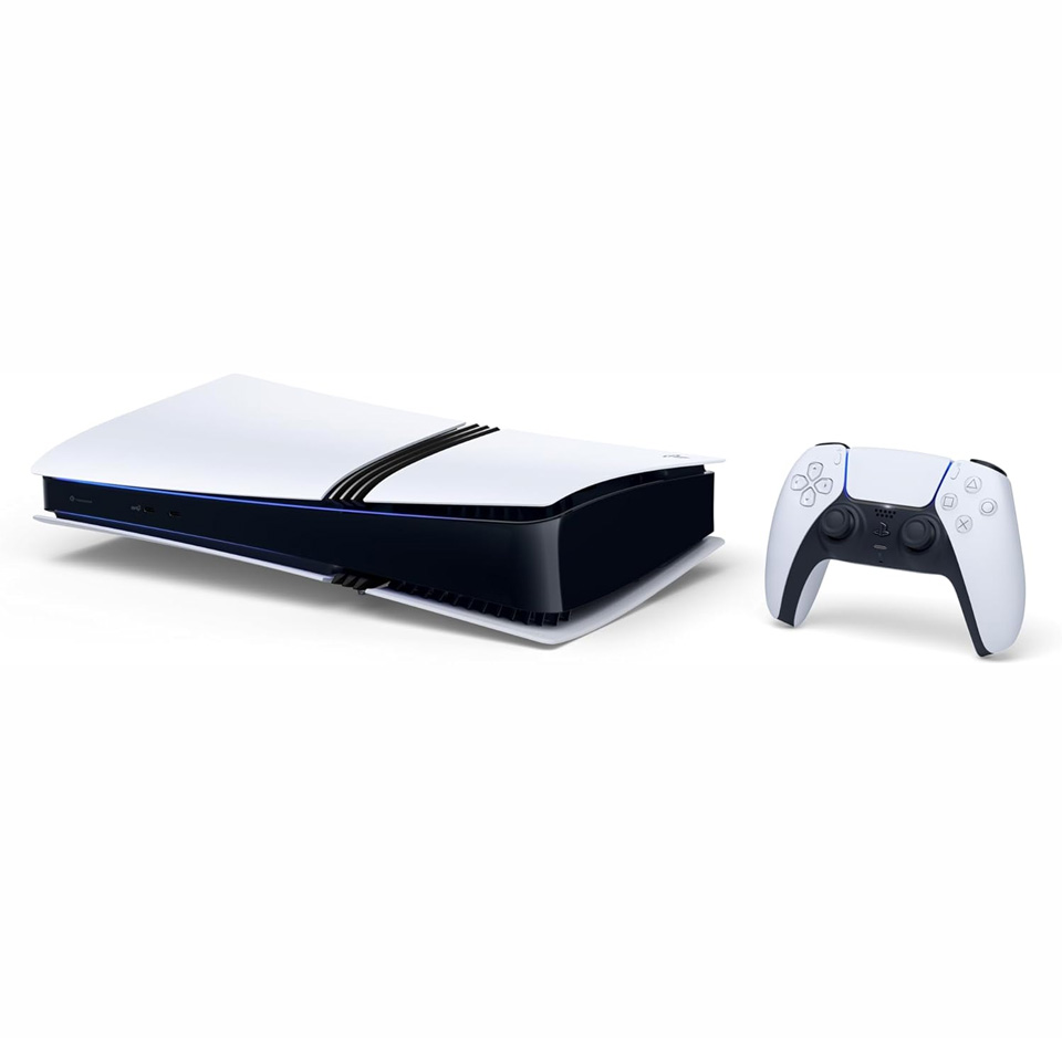 A white and black PlayStation 5 Pro gaming console shown horizontally next to a matching DualSense controller on a plain white background. The console has sleek curved white outer panels with black accents and vents across the middle, and the controller has a two-tone white and black design with buttons and thumbsticks visible.