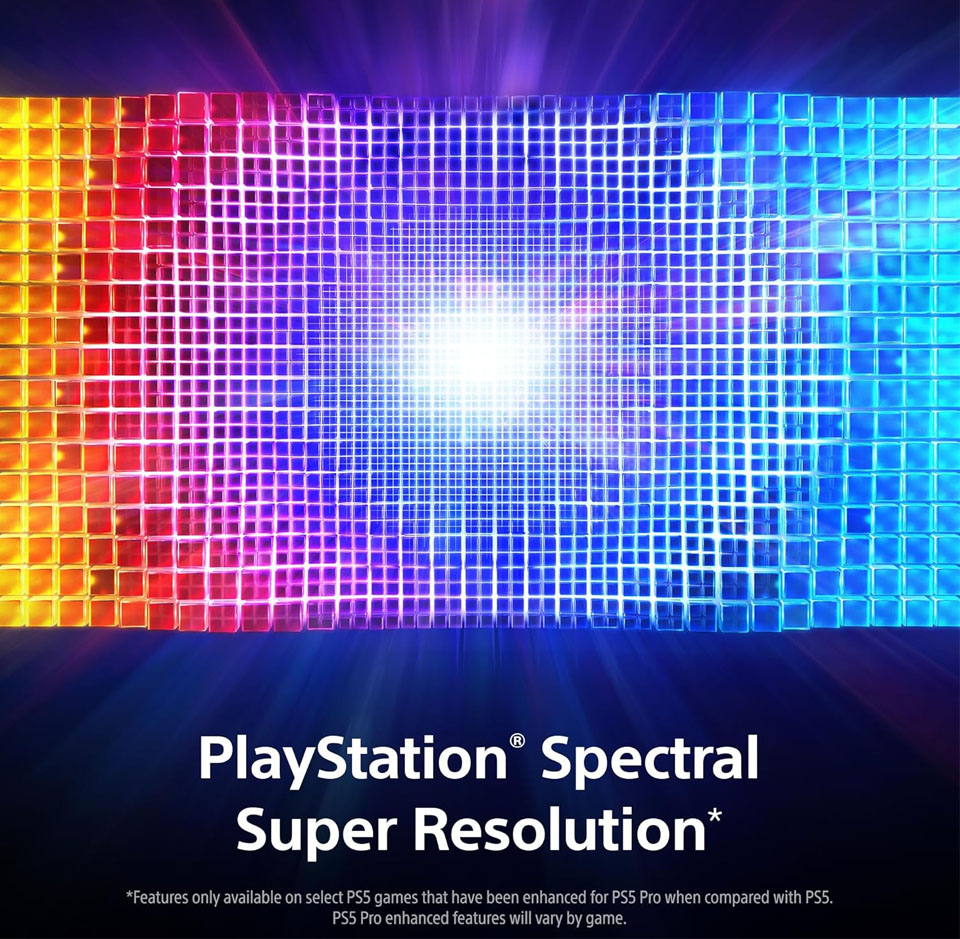 Colourful grid of glowing squares in shades of yellow, red, purple and blue radiating from a bright white centre, with the text ‘PlayStation Spectral Super Resolution’ overlaid at the bottom, promoting an advanced graphics upscaling feature of the PlayStation 5 Pro console.