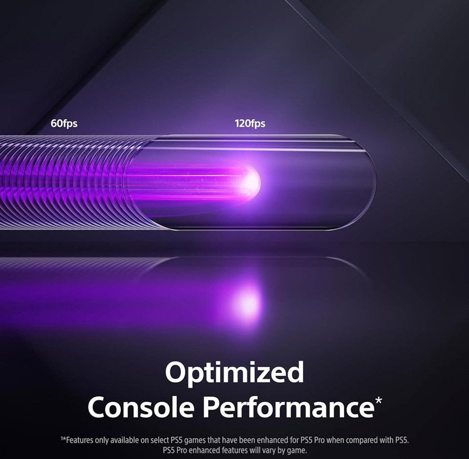 Graphic showing a futuristic, elongated capsule-shaped object with purple light and motion blur inside, illustrating a performance boost from “60 fps” on the left side to “120 fps” on the right, with the text “Optimized Console Performance” below and a dark geometric background.
