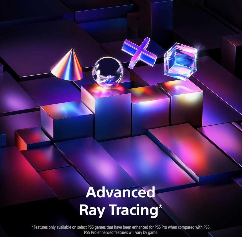 Vibrant promotional image with reflective and translucent 3D shapes (cone, sphere, cross, cube) arranged above iridescent blocks on a dark stage, with the text ‘Advanced Ray Tracing’ to highlight enhanced graphics capabilities of the PlayStation 5 Pro.