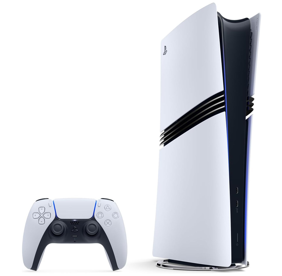 PlayStation 5 Pro console standing vertically next to a DualSense controller, showing the white outer panels with black central accents and horizontal vent lines, on a plain white background.