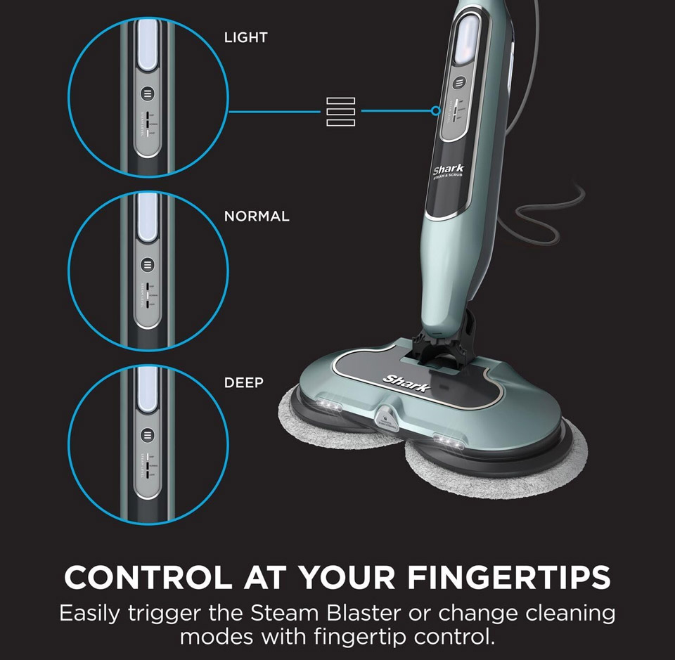 Shark Automatic Steam and Scrub Mop upright steam mop in grey-green finish showing the dual round microfiber cleaning pads on the floor head and a close-up of the control panel with settings for light, normal, and deep steam modes.