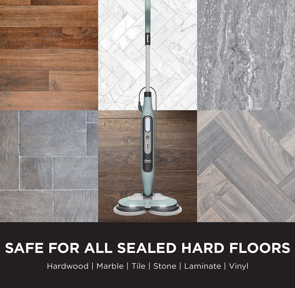 Shark automatic steam and scrub mop standing upright, shown on a split background of sealed hard floor types including hardwood, marble, tile, stone, laminate and vinyl, highlighting safe use on multiple floor surfaces.