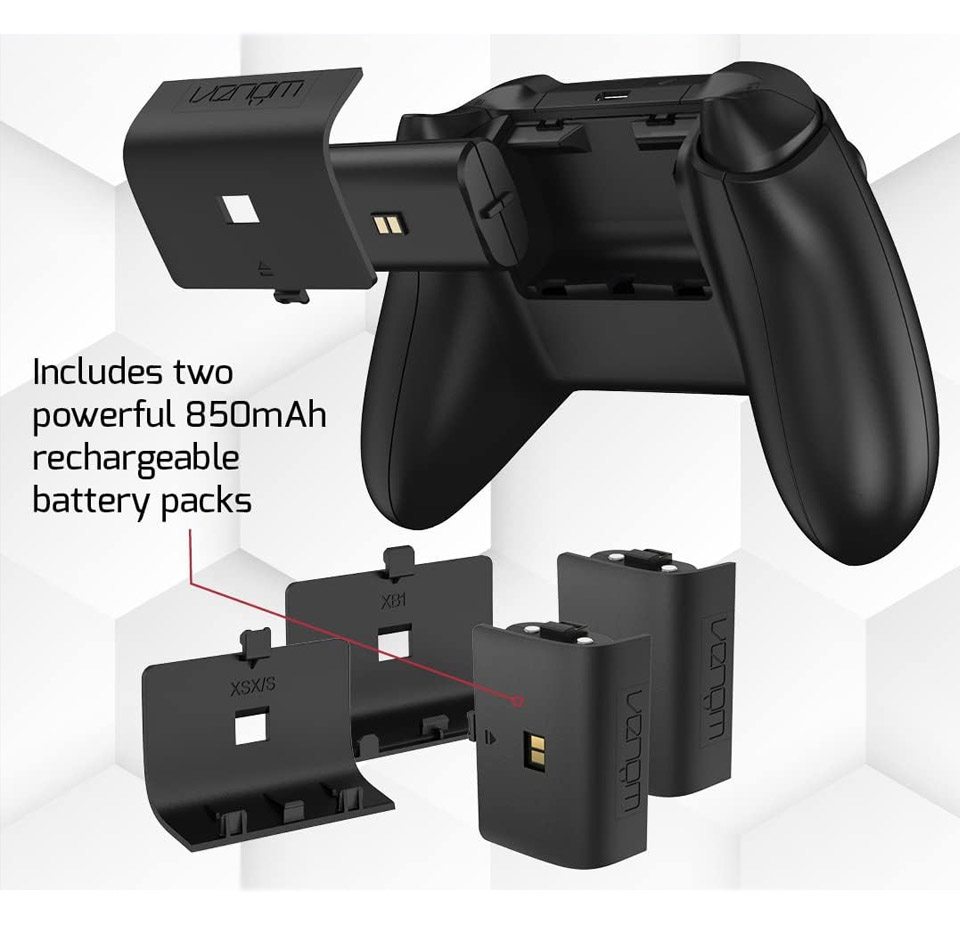 Black Venom twin charging dock accessories showing two removable rechargeable battery packs and interchangeable battery covers next to the back of a wireless Xbox controller, highlighting the 850 mAh battery pack components that clip into the controller’s battery compartment.