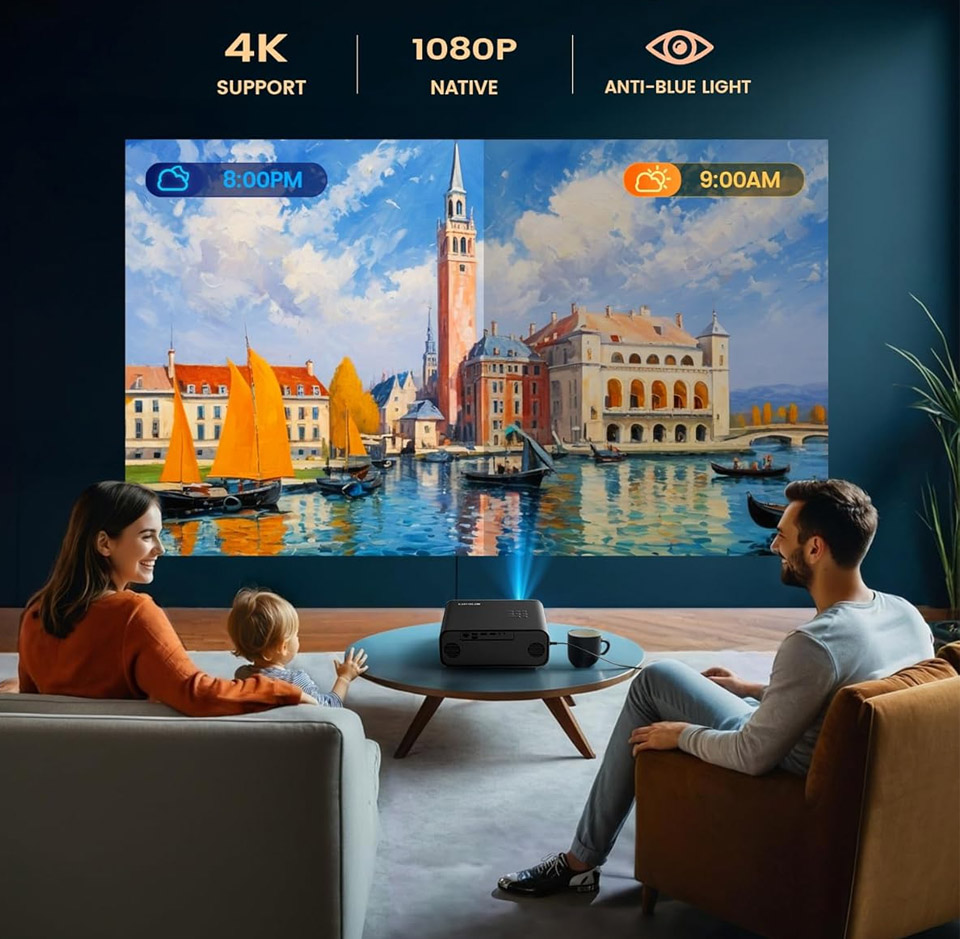 A small black WiMiUS Bluetooth projector sitting on a low coffee table in a living room, projecting a large colourful image of a riverside town onto the wall. Two adults and a child are seated on sofas facing the projection, with icons above the projected image indicating “4K support,” “1080P native,” and “anti‑blue light.