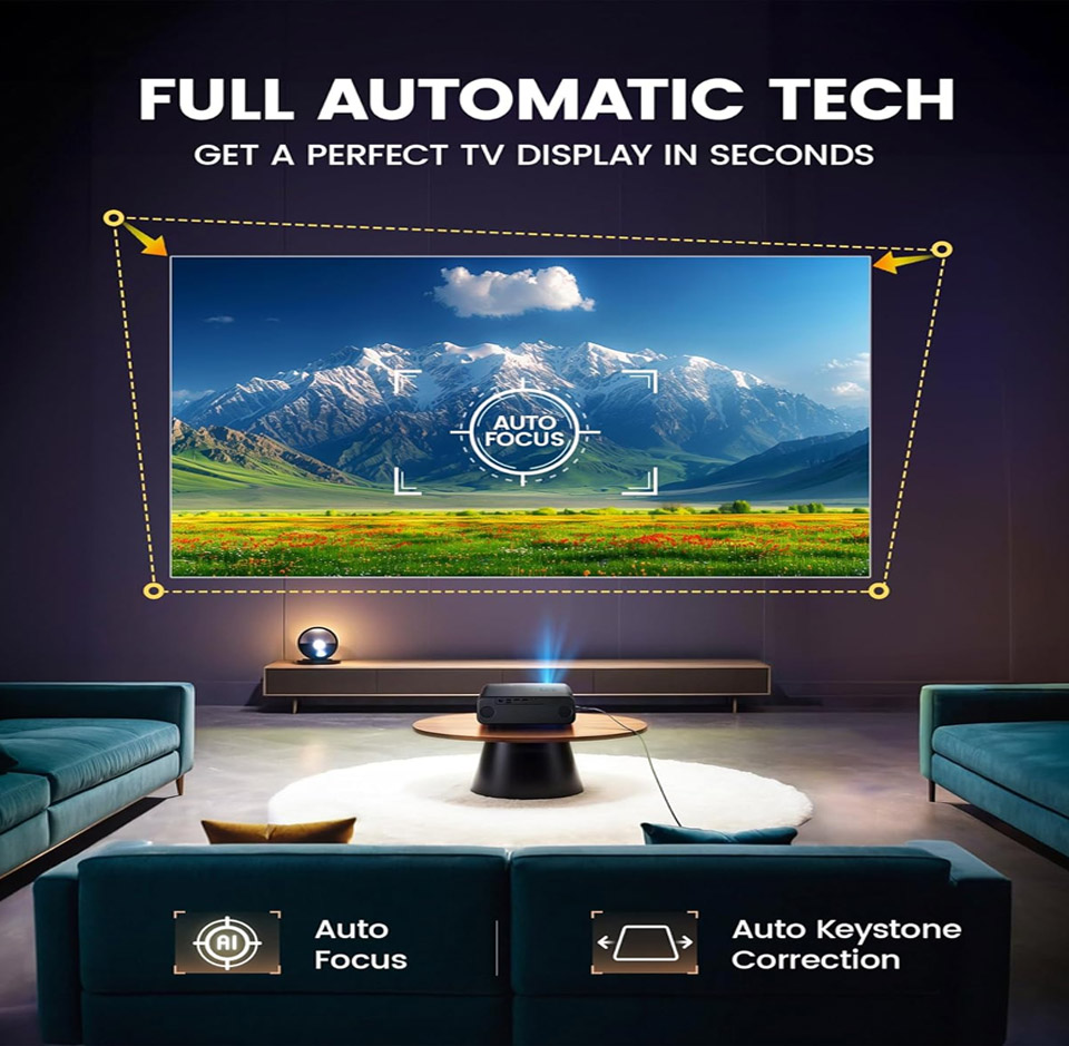 Bluetooth projector on a table projecting a bright, high-definition image on a wall, featuring automatic focus and keystone correction – ideal for home cinema and streaming movies.