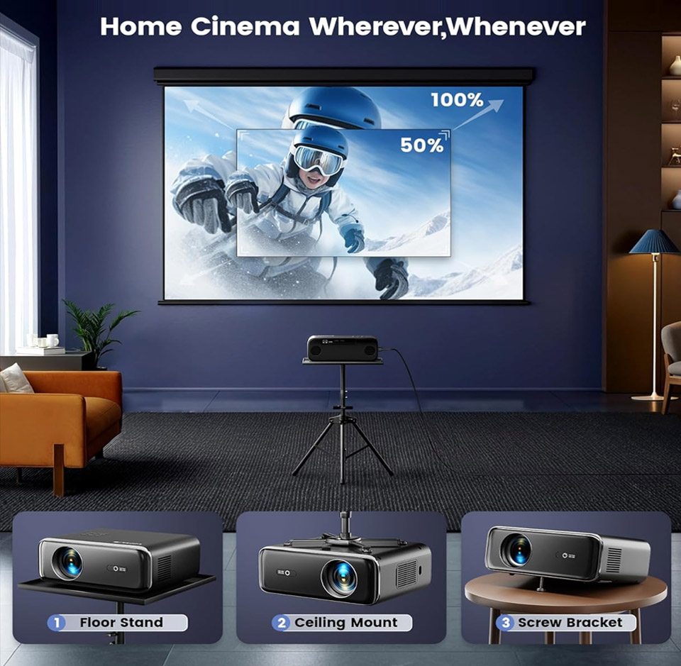 Wireless Bluetooth home projector set up in a living room, projecting a large movie image of a skier onto a wall‑mounted screen. The compact rectangular projector with a lens on the front sits on a small tripod stand in the center of the room. Below the main scene are small inset illustrations showing the projector placed on a floor stand, mounted to a ceiling, and on a table with a screw bracket.