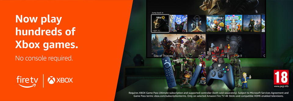Screen showing a selection of games from Xbox Game Pass Ultimate via cloud gaming, with an Xbox controller and Amazon Fire TV Stick visible, highlighting that no console is required to play.