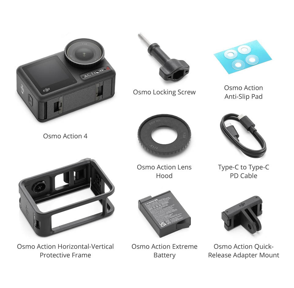 A flat‑lay display of the DJI Osmo Action 4 and its included accessories: the camera, an extreme battery, a horizontal‑vertical protective frame, a quick‑release adapter mount, a locking screw, an anti‑slip pad, a lens hood, and a USB‑C to USB‑C PD cable, all arranged neatly against a light background.