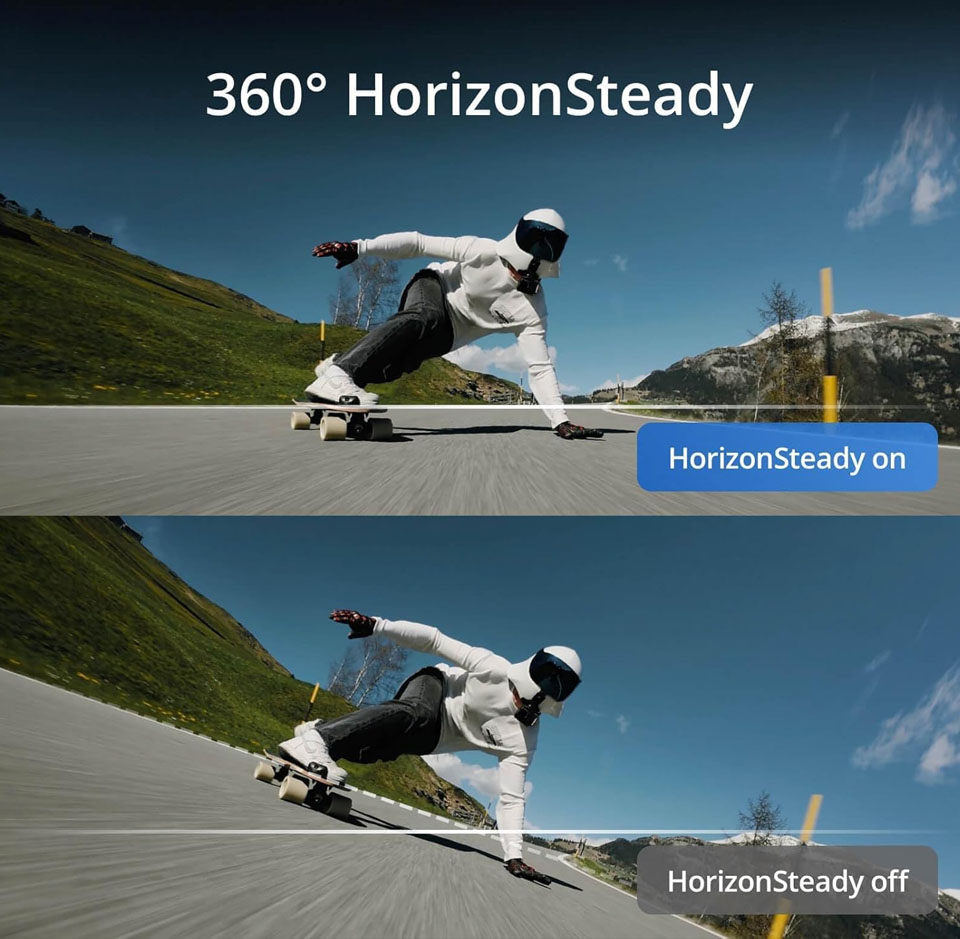 A split comparison showing a skateboarder riding along a mountain road. The top image, labelled “HorizonSteady on,” has a level, stable horizon. The bottom image, labelled “HorizonSteady off,” shows the same scene with the horizon tilted, demonstrating the DJI Osmo Action 4’s 360° HorizonSteady stabilisation feature.