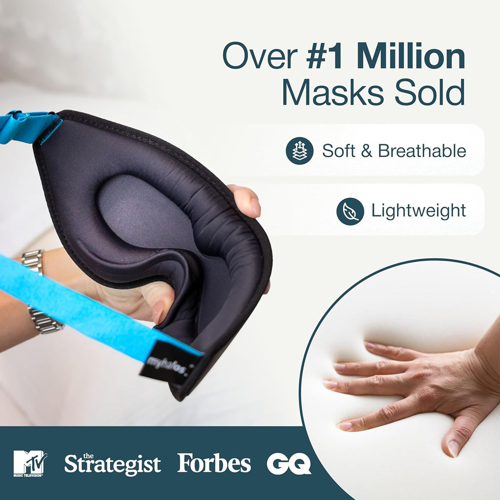 A promotional image featuring a close‑up of a hand holding a contoured black sleep mask with a soft, cushioned interior and a blue adjustable strap. The material appears plush and breathable, emphasising comfort. An inset photo shows a hand pressing into a soft, foam‑like surface to illustrate the mask’s gentle, pressure‑relieving padding. Text on the image highlights key selling points, including “Over #1 Million Masks Sold,” “Soft & Breathable,” and “Lightweight.” Along the bottom, logos from MTV, The Strategist, Forbes, and GQ suggest the product has been featured or recognised by major media outlets. The overall design conveys popularity, comfort, and premium quality.