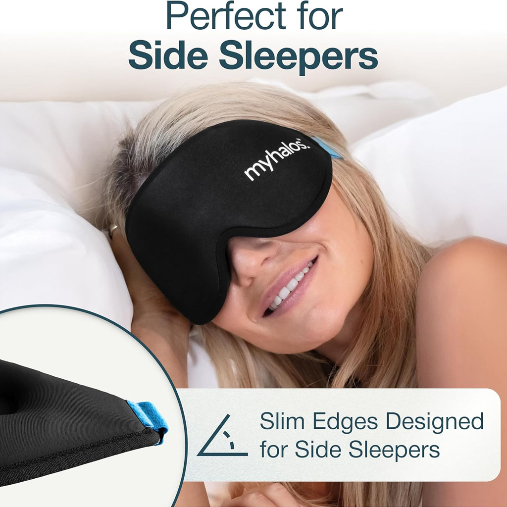 A person lies comfortably on their side in bed, resting their head on a soft pillow while wearing a black MyHalos sleep mask. The mask sits smoothly across their face, with a slim, low‑profile edge designed to minimise bulk for side sleepers. A small inset image highlights this thin edge and the blue adjustable strap, showing how the mask maintains comfort even when pressed against a pillow. Text on the image emphasises that the design is “Perfect for Side Sleepers” and features “Slim Edges Designed for Side Sleepers,” reinforcing the product’s focus on comfort and fit during side‑sleeping positions.