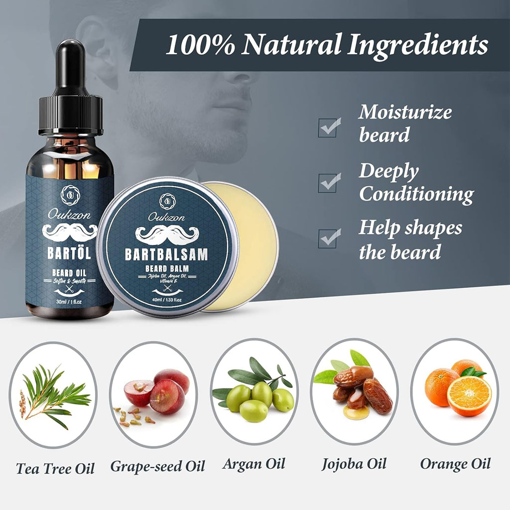 A promotional graphic featuring Oukzon beard‑care products, including a 30ml bottle of beard oil and a 40ml tin of beard balm. Both items are presented against a dark, textured background with a faint image of a bearded man behind them. The beard oil bottle is labelled “BARTÖL” and described as softening and smoothing the beard, while the beard balm tin, labelled “BARTBALSAM,” is promoted for styling and shaping. Text highlights that the products use “100% natural ingredients” and offer benefits such as moisturising the beard, deep conditioning, and helping to shape it. A list of natural oils - tea tree, grape‑seed, argan, jojoba, and orange - appears beside the products, emphasising their botanical formulation. The overall design conveys a premium, natural grooming solution aimed at enhancing beard health and appearance.