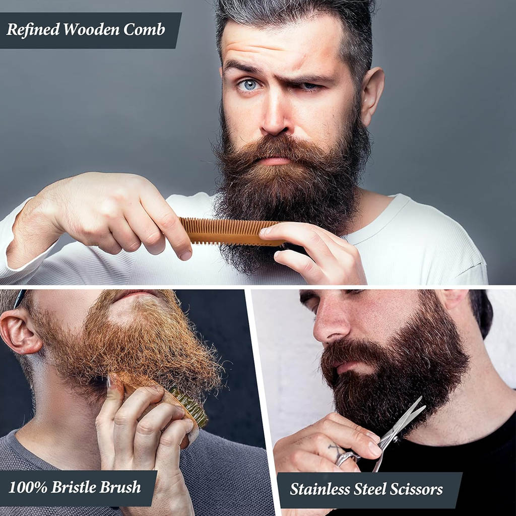 A three‑panel collage showing different beard‑grooming tools in use: a man combing his beard with a refined wooden comb, another brushing his beard with a 100% bristle brush, and a third trimming his beard with stainless steel scissors. All part of the Oukzon Beard Grooming Kit.