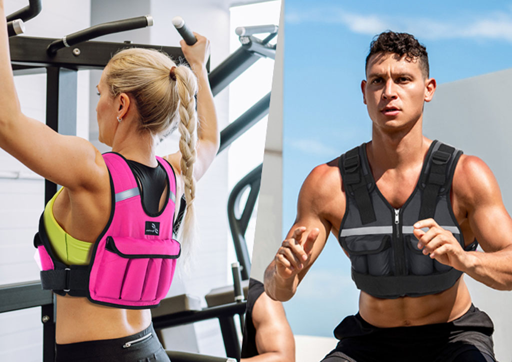 A split image showing two people exercising while wearing Sportneer Adjustable Weight Vests: on the left, a woman with a braided ponytail performs a pull‑up in a bright pink vest; on the right, another person outdoors performs a squat wearing a black vest with reflective stripes