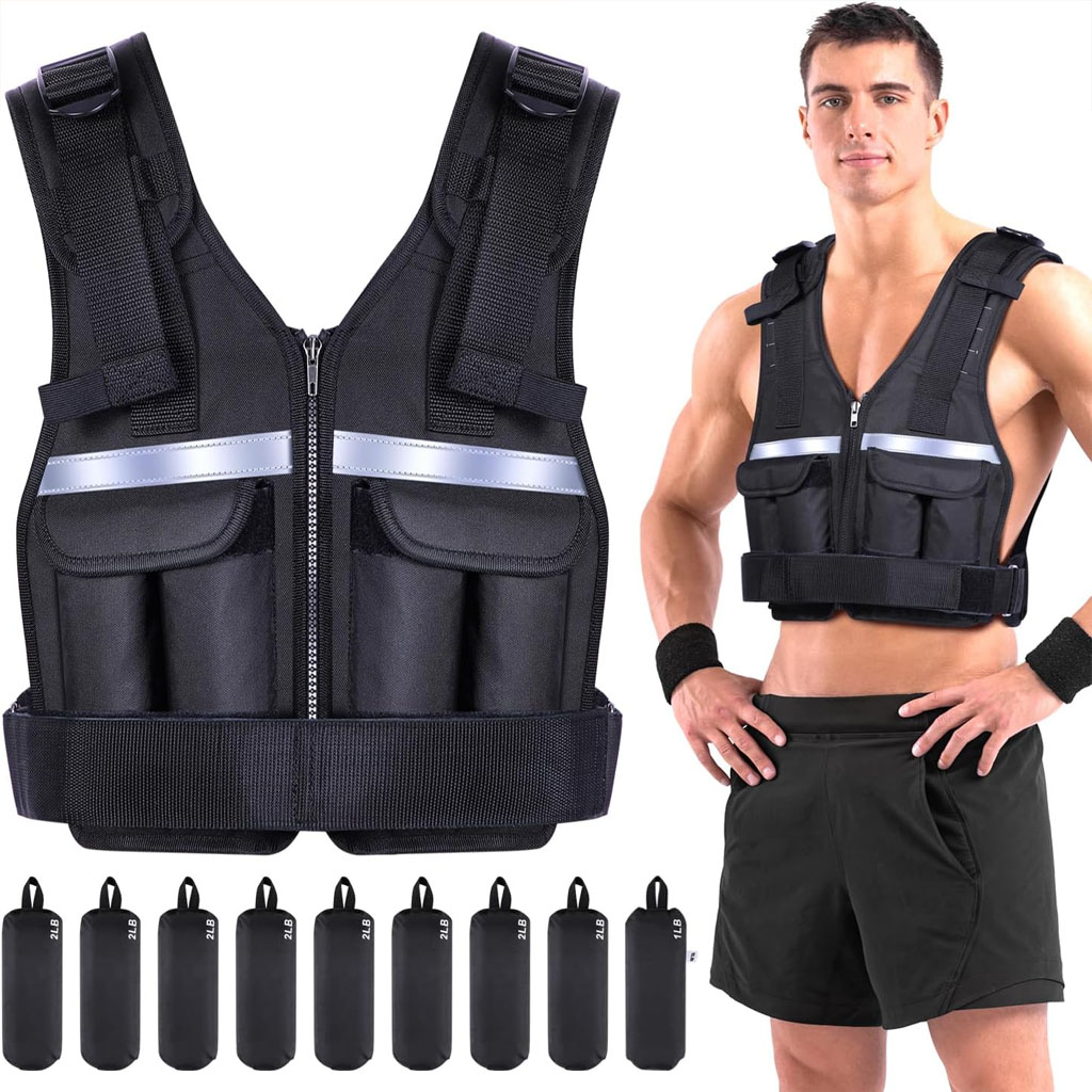 A black adjustable weighted vest with a front zipper and reflective strips is displayed alongside eight individual 2‑pound weight pouches and a 1-pound pouch, arranged in a row beneath it. To the right, a person is shown wearing the vest to demonstrate its fit and appearance during use. The vest features multiple pockets for inserting the weight pouches, designed to add resistance for strength training and workouts.