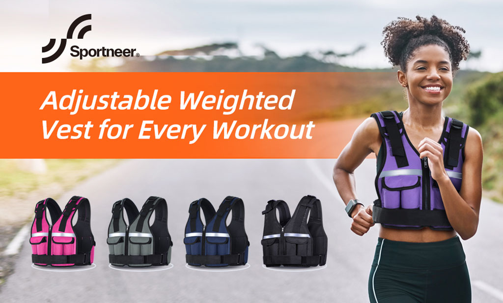 A promotional fitness image showing a person running outdoors while wearing a purple adjustable weighted vest. The scene features a scenic path with greenery and a cloudy sky. An orange banner reads “Adjustable Weighted Vest for Every Workout,” and four additional vests in different colours - pink, grey, navy, black with white accents, are displayed along the bottom beneath the Sportneer logo.