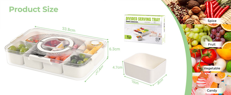 A clear plastic divided serving tray with a fitted transparent lid and a central round handle, shown with its dimensions of 33.8 × 21.3 × 6.3 cm. One of the smaller inner containers is displayed separately, measuring 10 × 8 × 4.7 cm. To the side, images of spices, fruit, vegetables, and sweets illustrate suggested uses. The product box in the background shows the tray filled with assorted snacks and is labelled “Divided Serving Tray – Snack Containers."