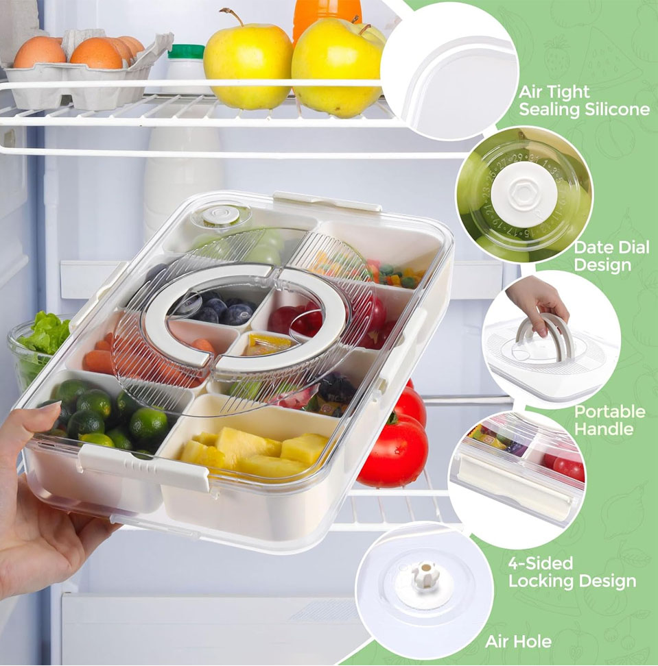 A hand lifts a multi‑compartment Luxear Divided Snack Box from a fridge shelf, showing sections filled with blueberries, cherry tomatoes, carrots, limes, pineapple, and other produce. Feature callouts on the right highlight the airtight silicone seal, date‑dial lid, portable handle, four‑sided locking clips, and an air‑release hole.