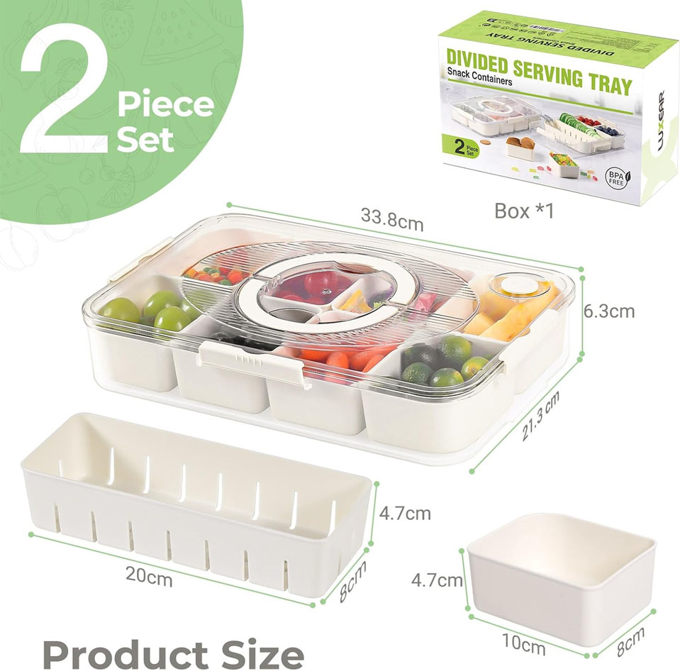 A two‑piece set of clear plastic divided serving trays, including one large rectangular tray with a transparent lid and multiple compartments filled with grapes, cherry tomatoes, sliced carrots, and other snacks. The main tray measures 33.8 × 21.3 × 6.3 cm. Two smaller open containers - a rectangular one (20 × 8 × 4.7 cm) and a square one (10 × 8 × 4.7 cm) are shown beside it. The product box in the background reads “Divided Serving Tray – Snack Containers” and notes that the set is BPA‑free.