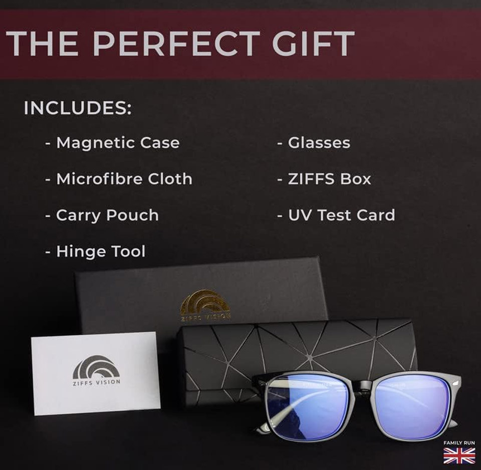 ZIFFS VISION blue light blocking glasses with reflective blue lenses displayed in front of a geometric-pattern magnetic case and branded box, alongside a microfibre cleaning cloth, carry pouch, hinge tool, and UV test card, under a “The Perfect Gift” banner.